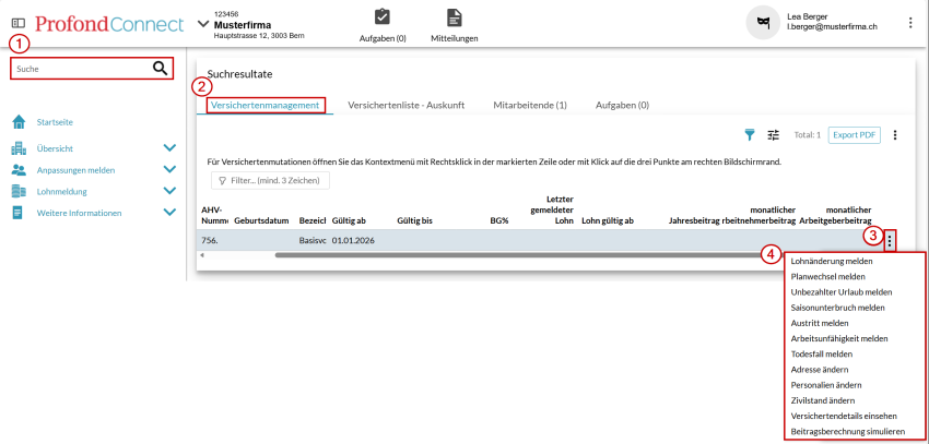 Suche mit direktem Zugriff auf das Versichertenmanagement