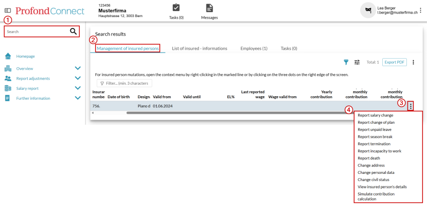 Search with direct access to insured person management