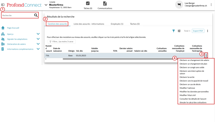 Recherche avec accès direct à la gestion des assurés