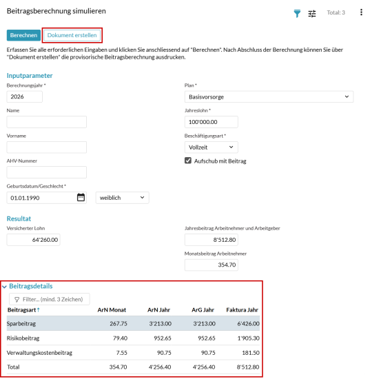 Beitragsberechnung simulieren bei Profond Connect