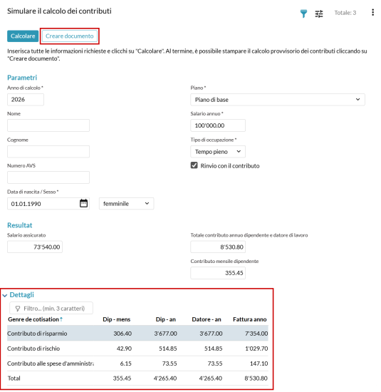 Simulazione del calcolo dei contributi su Profond Connect