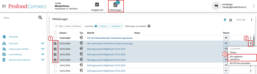 Mitteilungen als gelesen/ungelesen markieren