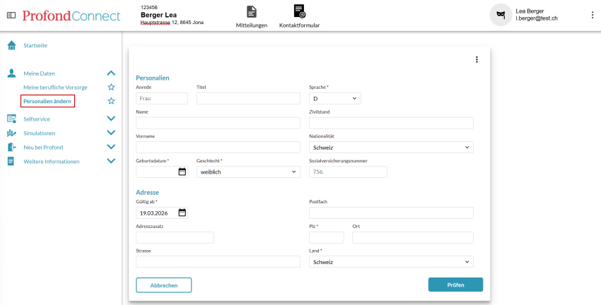 ProfondConnect Personalien ändern