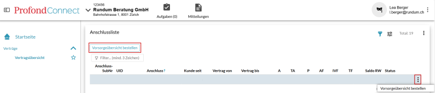 Vorsorgeübersicht bestellen bei ProfondConnect