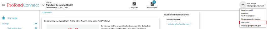 Abmeldebutton im Menü beim Benutzernamen