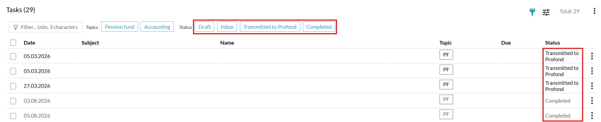 Tasks and status in ProfondConnect